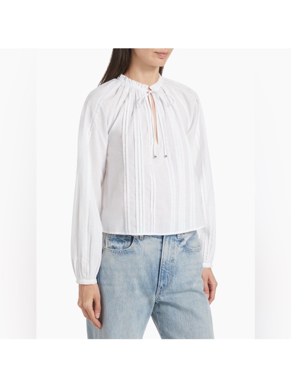 Veronica Beard Jaxon White Long-Sleeve Pintuck Peasant Blouse Small Quiet Lux
